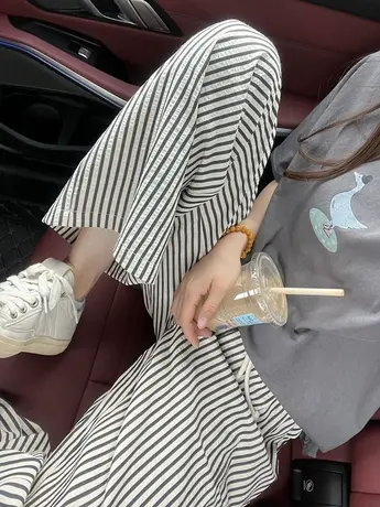 条纹直筒裤女夏季薄款高腰宽松显瘦泡泡棉休闲小个子抽绳阔腿裤子商品大图