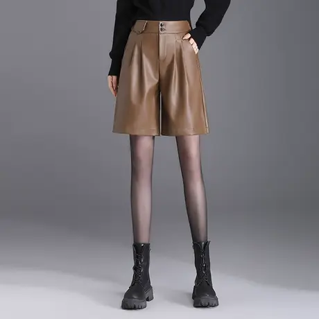 PU皮短裤女时尚高腰直筒五分皮裤显瘦阔腿裤秋冬季2023新款休闲裤商品大图