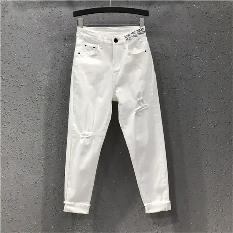高弹薄款白色牛仔长裤24春夏新款港味女破洞潮休闲宽松小脚哈伦裤图片