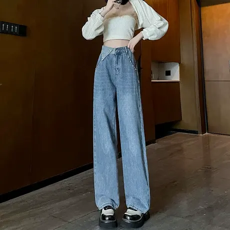 蓝色阔腿牛仔裤女2023年新款春秋高腰设计感炸街浅色直筒拖地长裤商品大图