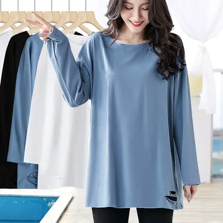 中长款宽松纯棉圆领长袖遮屁股t恤打底衫女大版春秋显瘦破洞上衣图片