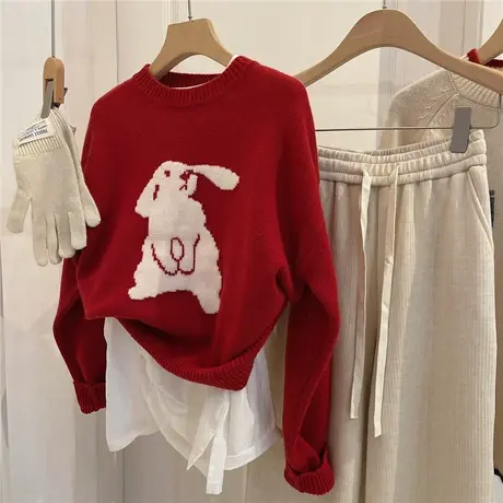 新年红！年会战袍！减龄舒适 羊毛兔子圆领套头针织衫毛衣女外套商品大图