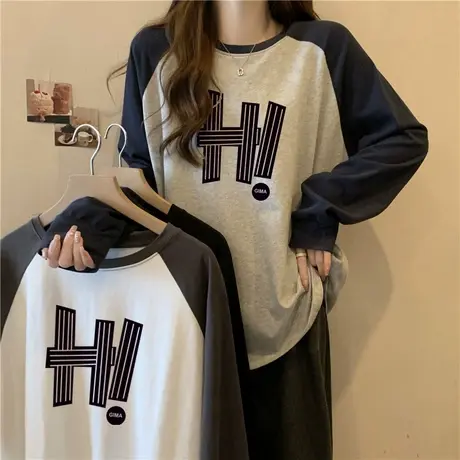 拼色设计感小众插肩长袖T恤女秋冬装德绒加绒加厚内搭上衣打底衫商品大图