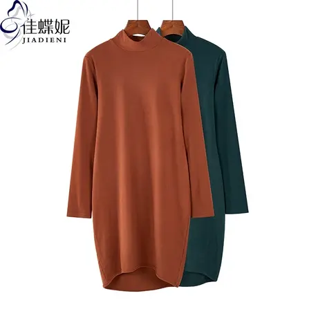 秋冬新款韩版中高领宽松纯色上衣双面德绒发热中长款长袖连衣裙女商品大图