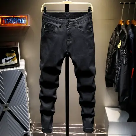 2022春夏季弹力牛仔裤男宽松直筒纯黑夏季商务休闲修身牛子裤子男商品大图