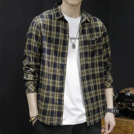 双股磨毛柔织格子衬衫男春季2024新款宽松潮休闲衬衣长袖春秋外套图片