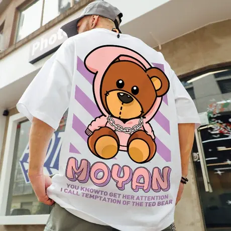 欧美潮牌oversize小熊短袖T恤男潮港风潮流加肥加大宽松半袖体恤商品大图