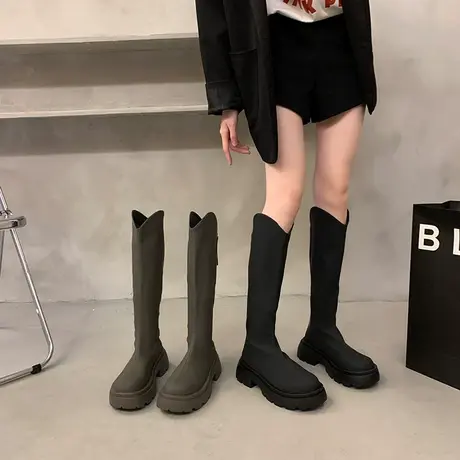 长筒靴女2023新款秋冬季粗跟v口骑士靴超火洋气高级感厚底女靴子商品大图