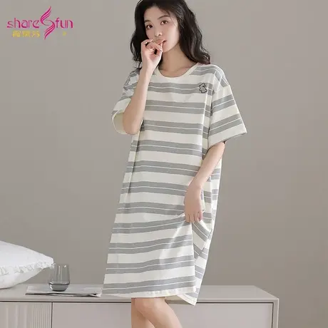 sharefun/霞黛芳纯棉家居服条纹兔中长睡裙圆领可外穿短袖睡衣商品大图