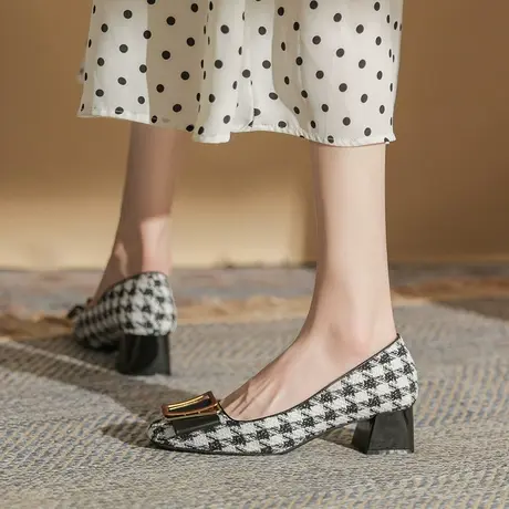 气质名媛高跟鞋女粗跟2024年春季新款千格鸟方头浅口百搭职业单鞋商品大图