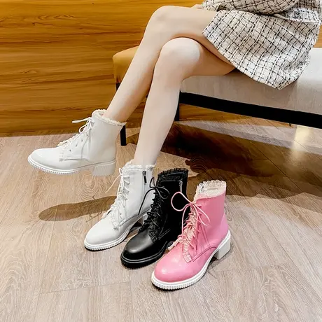 百翎2022秋冬新款粗跟短靴仙女风白色粉色花边甜美加绒厚底女鞋子图片