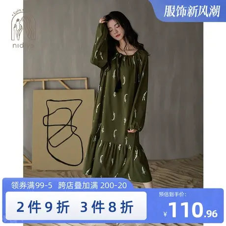 妮狄娅睡衣睡裙女秋季纯棉长袖复古花卉春秋款文艺中长裙家居服图片