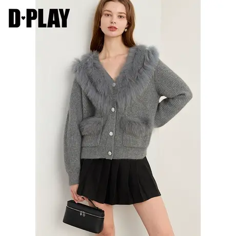DPLAY冬灰色V领拼接毛时尚名媛气质羊毛开衫别致保暖毛衣商品大图