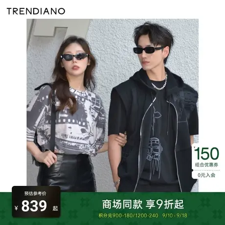 TRENDIANO官方2023新款秋季港风街景印花宽松圆领短袖T恤潮商品大图