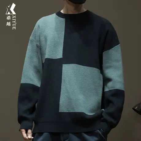希越美式撞色拼接男士圆领毛衣冬季宽松大码小众青少年高级感线衣商品大图