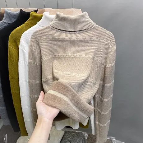 一体绒高领毛衣女加绒加厚打底衫2023秋冬新款针织衫内搭洋气上衣商品大图