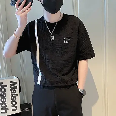 夏季短袖t恤男新款华夫格字母拼接设计潮男休闲刺绣个性半袖上衣商品大图