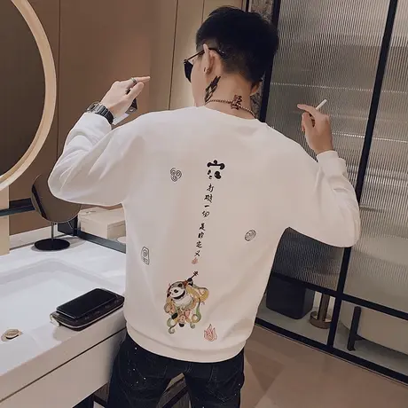 秋季男士卫衣上衣套头长袖t恤修身潮流圆领印花社会小伙帅气体恤商品大图