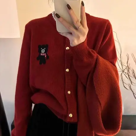 本命年氛围感红色女毛衣外套2023年新款爆款宽松针织开衫上衣春秋商品大图