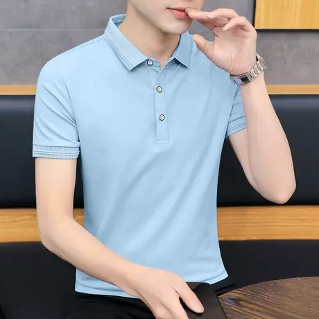 夏季冰丝光棉polo衫短袖男2023新款纯色翻领t恤男潮牌半袖上衣服商品大图