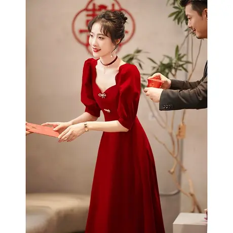 敬酒服新娘2023新款秋季丝绒蝴蝶结订婚回门平时可穿结婚红色礼服商品大图