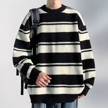 条纹毛衣男秋冬季新款加厚保暖撞色慵懒风线衣潮牌圆领长袖针织衫商品大图