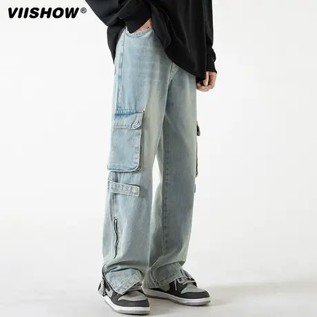 VIISHOW美式复古工装男春季设计感小众大口袋vibe潮牌宽松牛仔裤商品大图