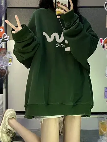 潮牌圆领卫衣女美式复古大码秋冬加绒加厚vintage古着上衣外套ins商品大图