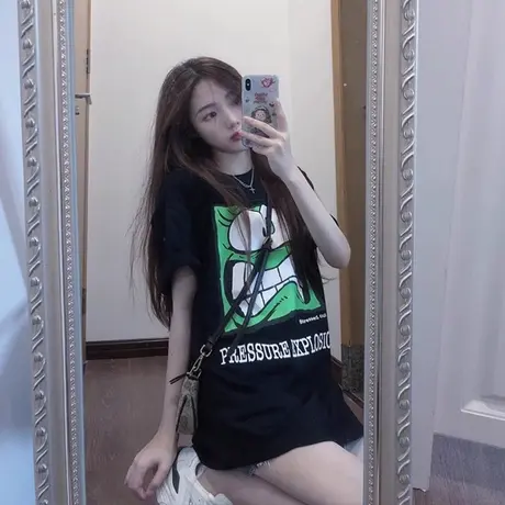 韩版原宿风短袖t恤女纯棉网红款百搭打底衫中长款宽松休闲上衣潮商品大图