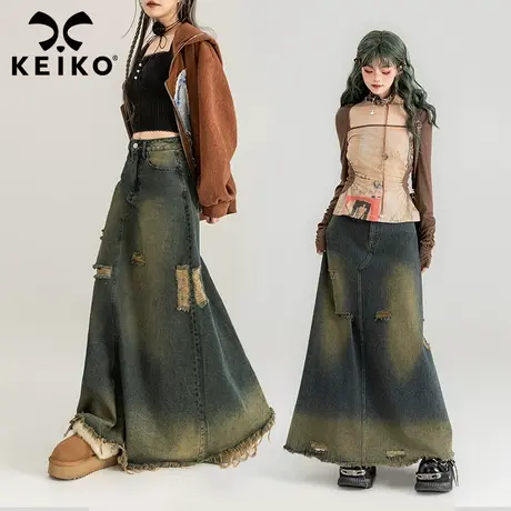 KEIKO 复古水洗磨破洞牛仔半身裙春夏设计感宽松显瘦遮胯包臀长裙商品大图