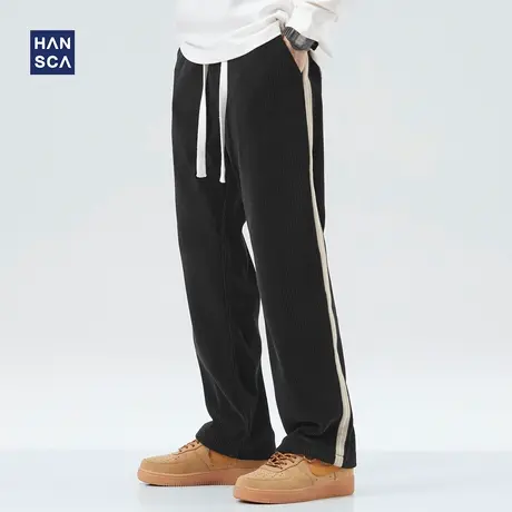 hansca灯芯绒直筒休闲裤男冬季加厚美式高街潮牌条纹撞色运动长裤商品大图