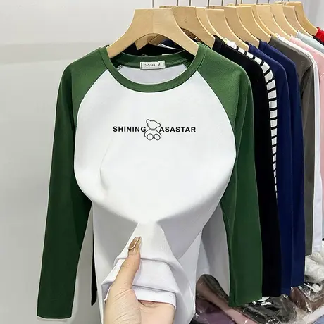 早春长袖t恤女春撞色印花上衣修身显瘦打底衫磨毛加厚秋冬新款潮商品大图