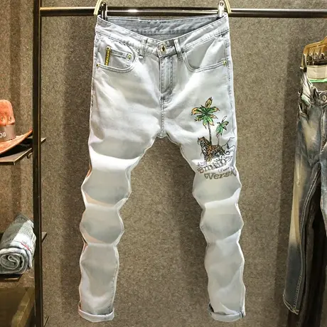 街头痞帅豹子印花图案男士牛仔裤修身小脚长裤春夏季灰色潮牌裤子商品大图