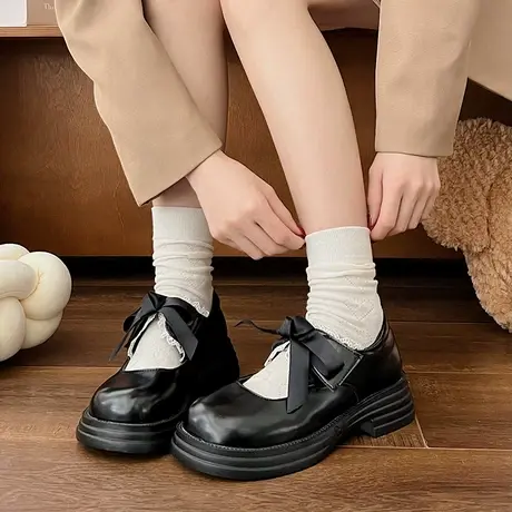 复古百搭玛丽珍鞋女2024春夏季新款蝴蝶结浅口单鞋英伦粗跟小皮鞋商品大图
