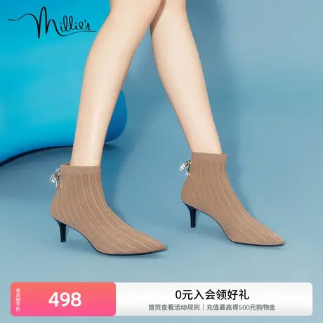 妙丽春冬季弹力袜靴时尚气质通勤法式尖头高跟踝靴女短靴SAT54DD2商品大图