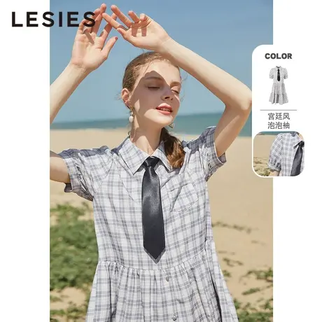 LESIES蓝色倾情夏装新款女学院风领带秋饰压褶短袖淑女格子连衣裙图片