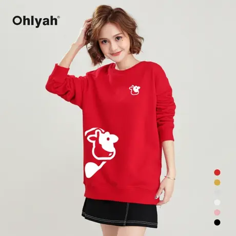 Ohlyah品牌 红色卫衣女情侣装牛年本命年潮牌oversize宽松上衣服商品大图