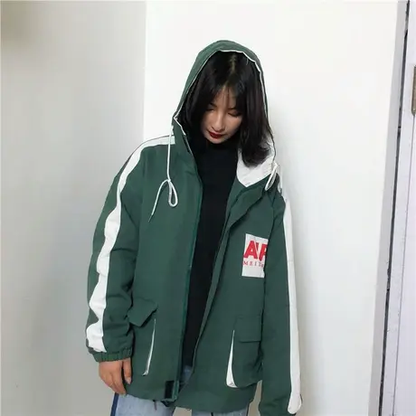 外套女春秋新款韩版学生原宿宽松百搭学院风bf连帽工装夹克棒球服商品大图