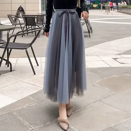 春秋新款显瘦两色拼接仙女蓬蓬裙中长款网纱半身裙a字9916hl图片