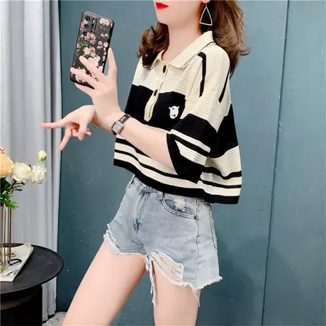 Polo领短袖T恤女夏季2023年新款宽松设计感chic港味针织短款上衣商品大图