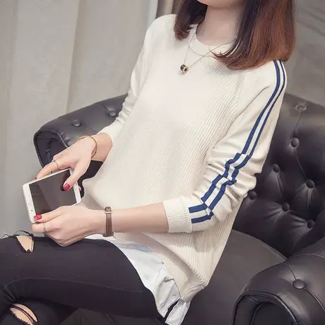 春装新款韩版套头学生卫衣女假两件破洞针织衫很仙的上衣洋气图片