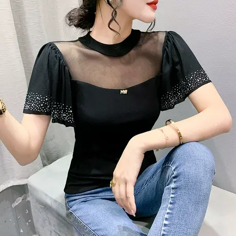 性感镂空上衣女短袖欧货夏季荷叶边气质修身小衫洋气烫钻网纱T恤商品大图