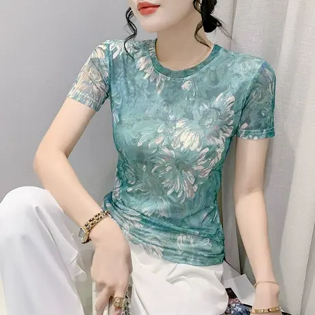 2023夏装新款漂亮印花T恤女短袖时尚洋气网纱小衫圆领修身上衣潮商品大图