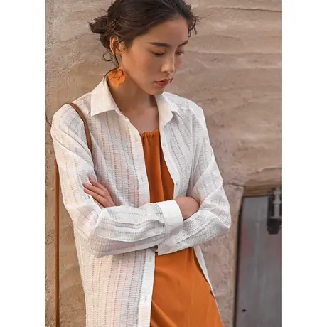 弥古白色长袖衬衫女新款设计感翻领衬衣夏防晒开衫外套上衣中长款商品大图