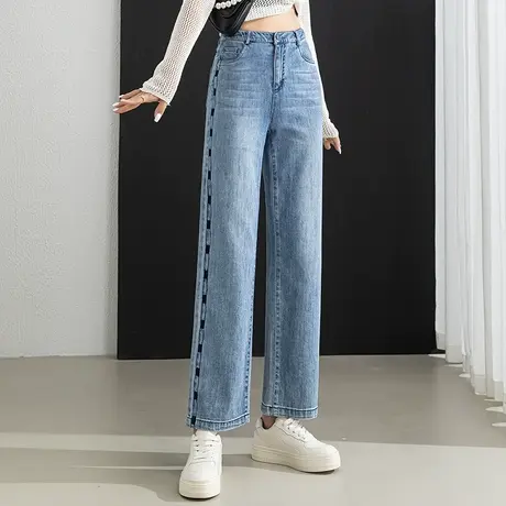 高腰窄版阔腿牛仔裤女2023年新款春秋女裤小个子九分裤宽松直筒裤商品大图