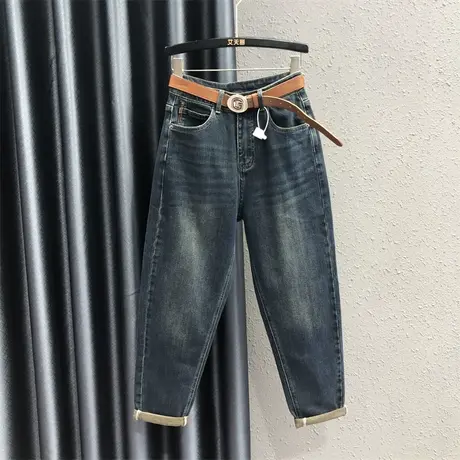 欧货纯色休闲小脚萝卜牛仔裤女2023秋季新款高腰显瘦哈伦裤垮裤潮图片