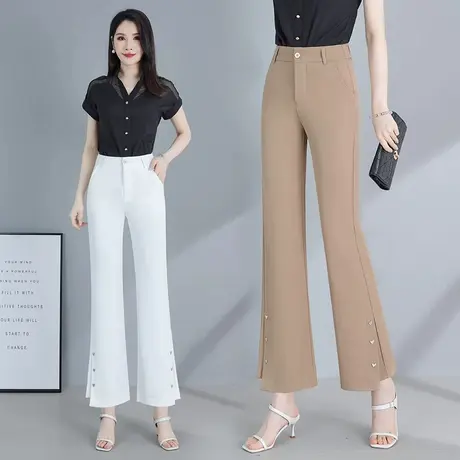 开叉冰丝喇叭裤女九分夏季薄款直筒休闲西装高腰显瘦黑色微喇裤图片