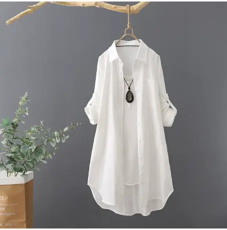 文艺范翻领中长款棉质衬衫女长袖大码休闲衬衣裙韩版春秋打底上衣图片