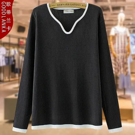 中年妈妈春装长袖打底衫加肥加大码宽松显瘦V领针织衫冰丝毛衣女商品大图