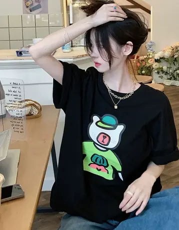 复古chic港味印花短袖T恤女夏季韩版设计感半袖体恤学生宽松上衣商品大图